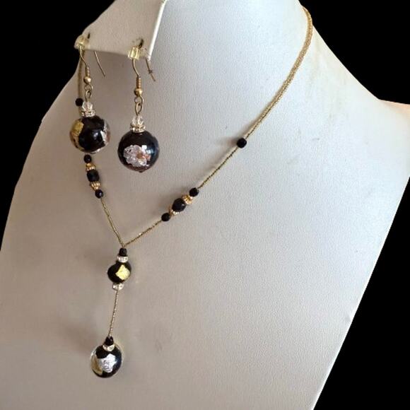 Murano Glass Black Silver Gold Foil Beaded Earrings Necklace - Picture 9 of 9